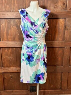 V-Neck Floral Wrap Midi Dress in White with Blue & Mint